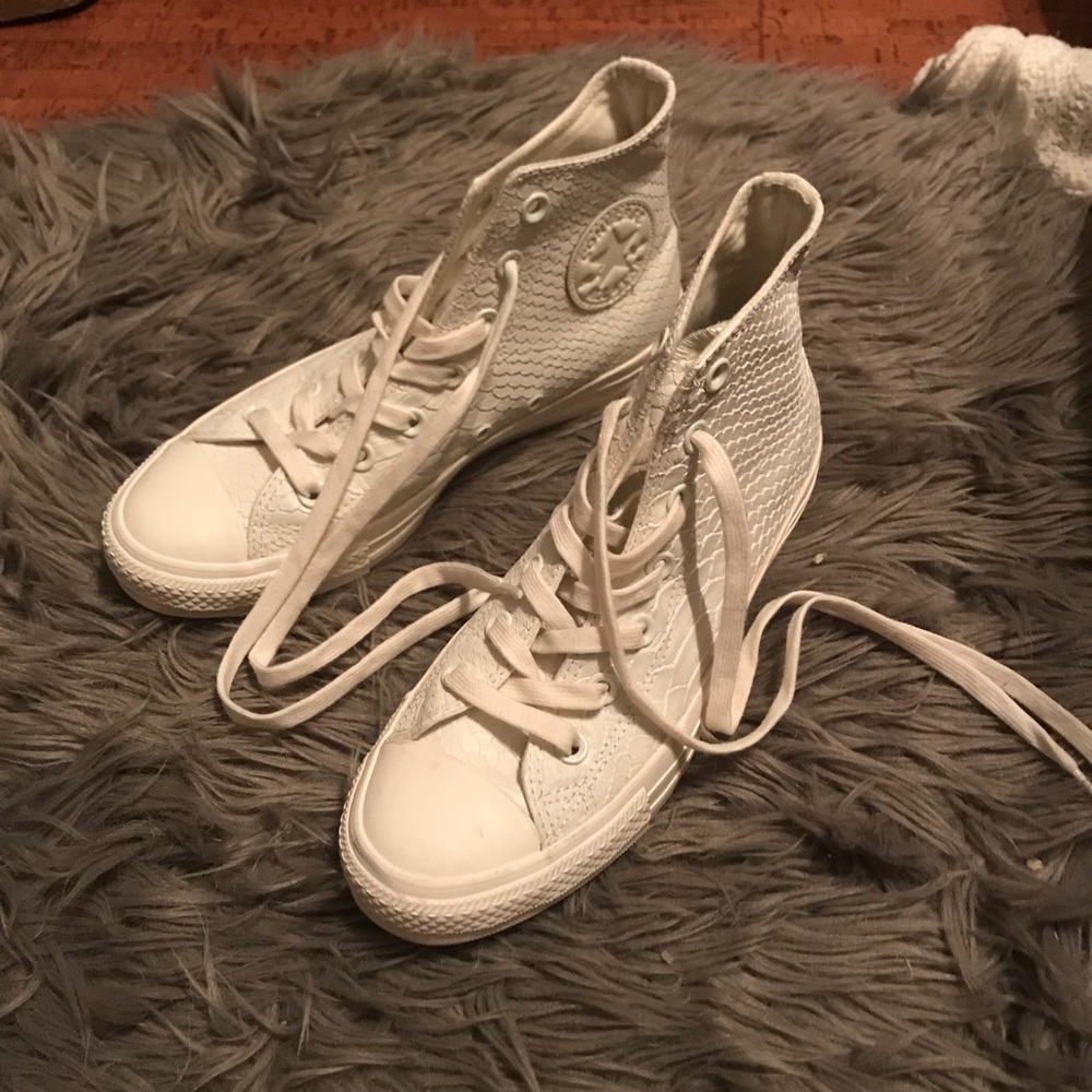 All white leather snakeskin converse